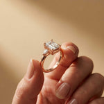 5.08 Ct Emerald Moissanite with Pear Side Stones Refined Accent Engagement Ring