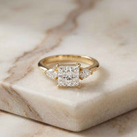 3.27 Ct Princess Moissanite with Pear Side Stones Modern Romance Engagement Ring