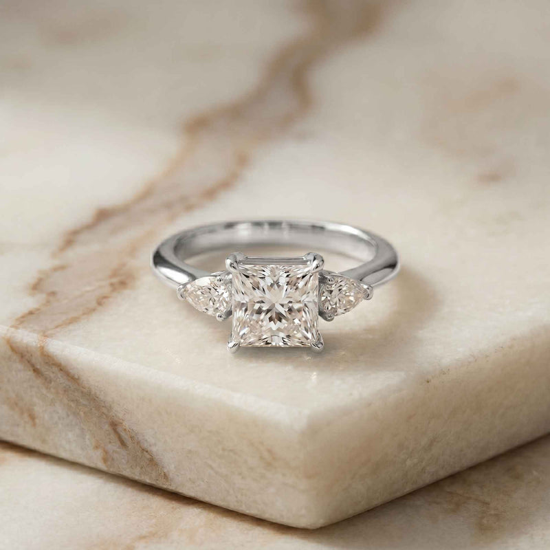 3.27 Ct Princess Moissanite with Pear Side Stones Modern Romance Engagement Ring