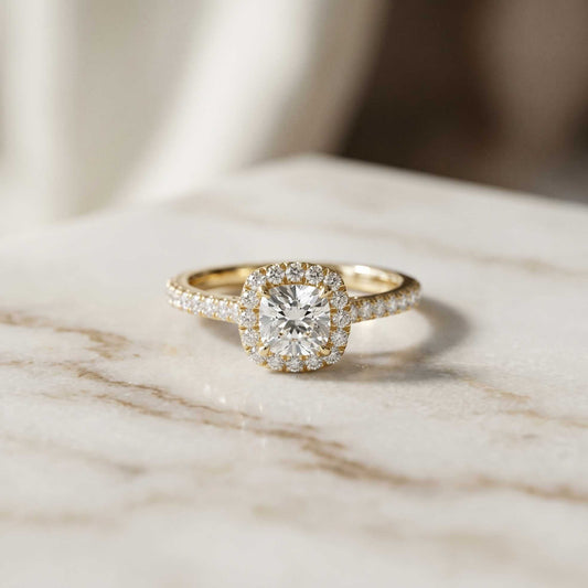 1.39 Ct Cushion Cut Moissanite Halo Ring with Accent Stones
