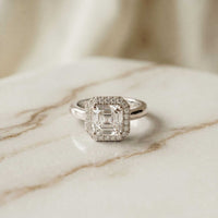 2.29 Ct Asscher & Round Moissanite Halo Engagement Ring
