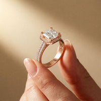 2.90 Ct Asscher Cut Moissanite Double Pavé Halo Ring Rose Gold