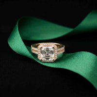 2.90 Ct Asscher Cut Moissanite Double Pavé Halo Ring Rose Gold