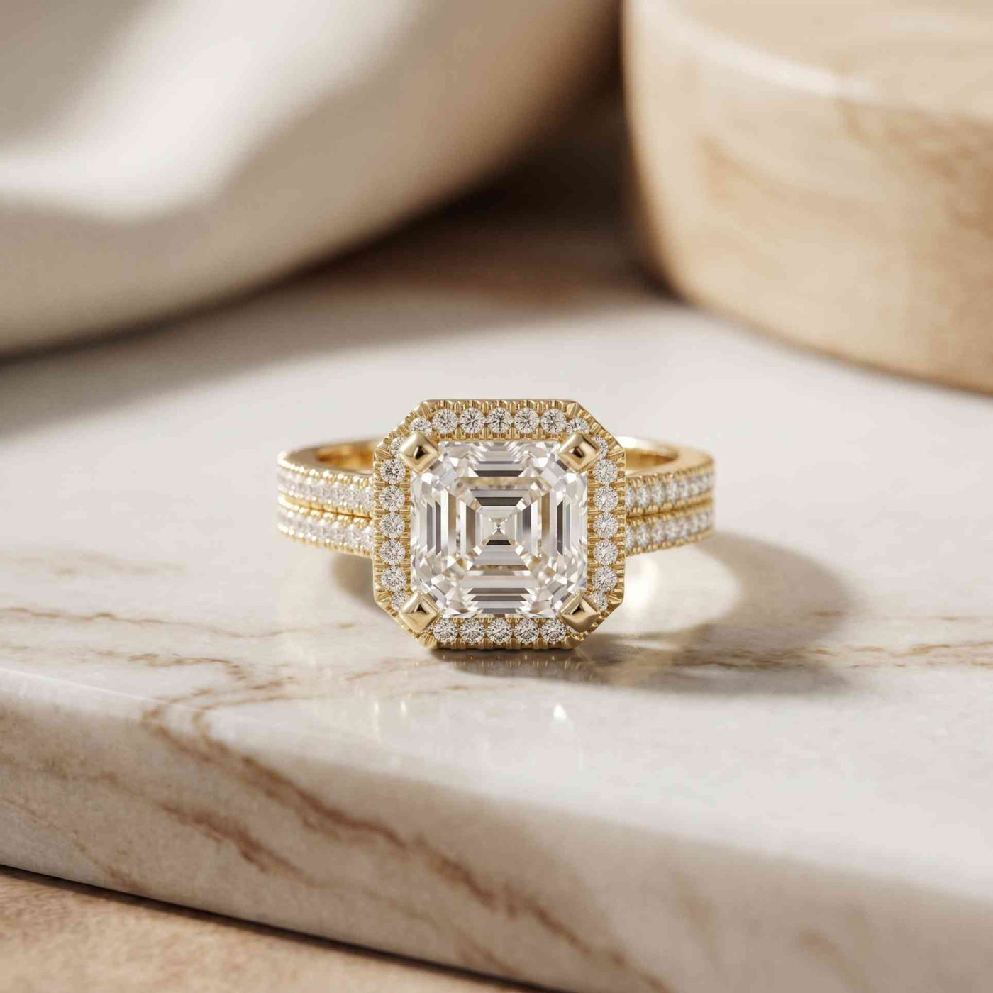 2.90 Ct Asscher Cut Moissanite Double Pavé Halo Ring Gold