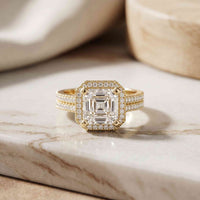 2.90 Ct Asscher Cut Moissanite Double Pavé Halo Ring Gold