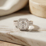 2.90 Ct Asscher Cut Moissanite Double Pavé Halo Ring White