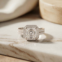 2.90 Ct Asscher Cut Moissanite Double Pavé Halo Ring White