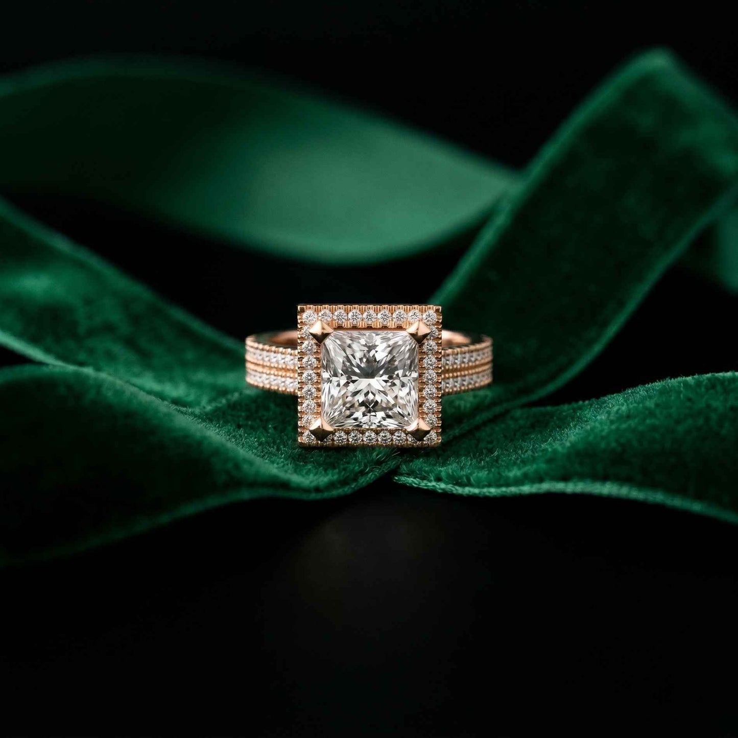 2.9 Ct Princess Cut Moissanite Double Pavé Halo Ring