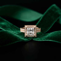 2.9 Ct Princess Cut Moissanite Double Pavé Halo Ring Rose Gold