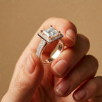 2.9 Ct Princess Cut Moissanite Double Pavé Halo Ring Rose Gold