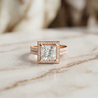 2.9 Ct Princess Cut Moissanite Double Pavé Halo Ring Rose Gold