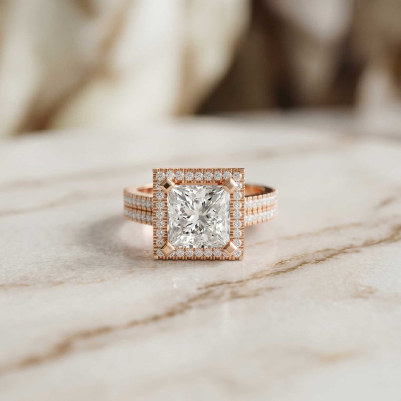 2.9 Ct Princess Cut Moissanite Double Pavé Halo Ring Rose Gold