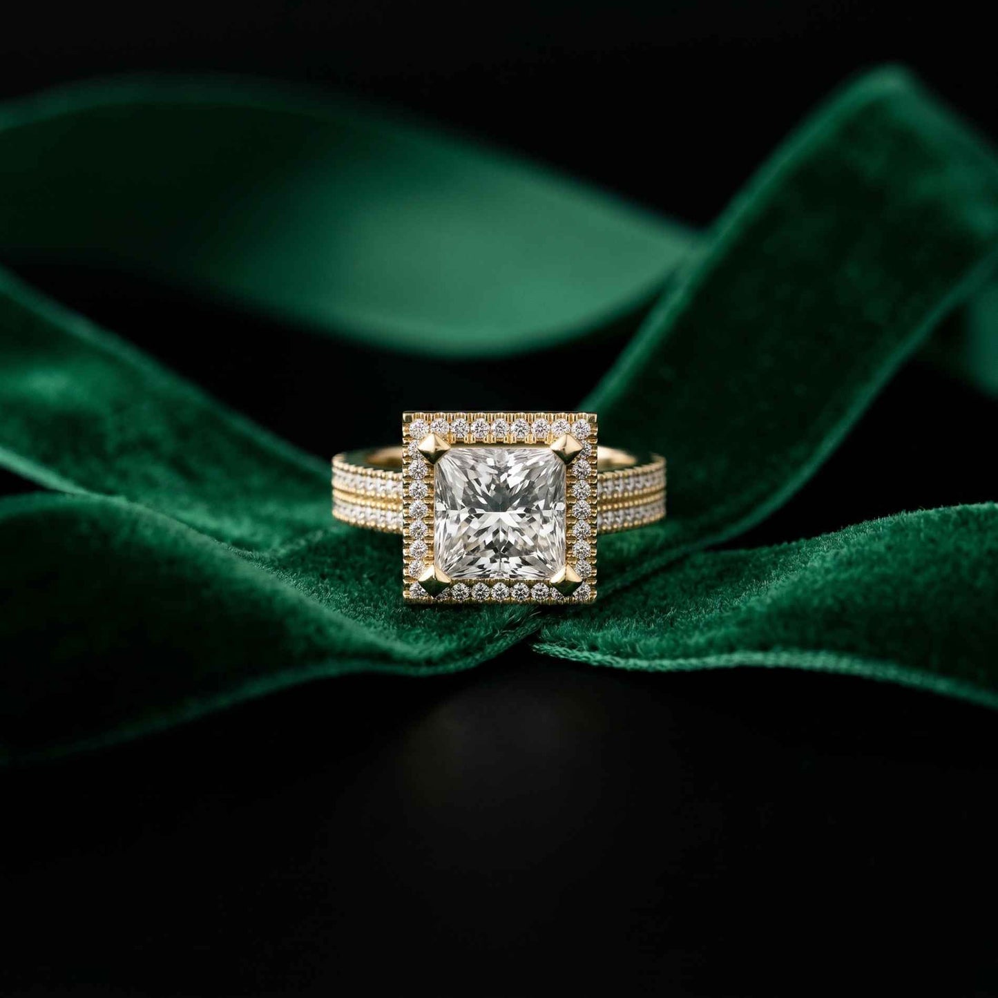 2.9 Ct Princess Cut Moissanite Double Pavé Halo Ring