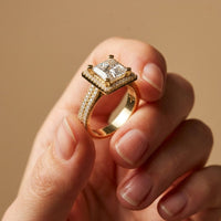 2.9 Ct Princess Cut Moissanite Double Pavé Halo Ring Gold