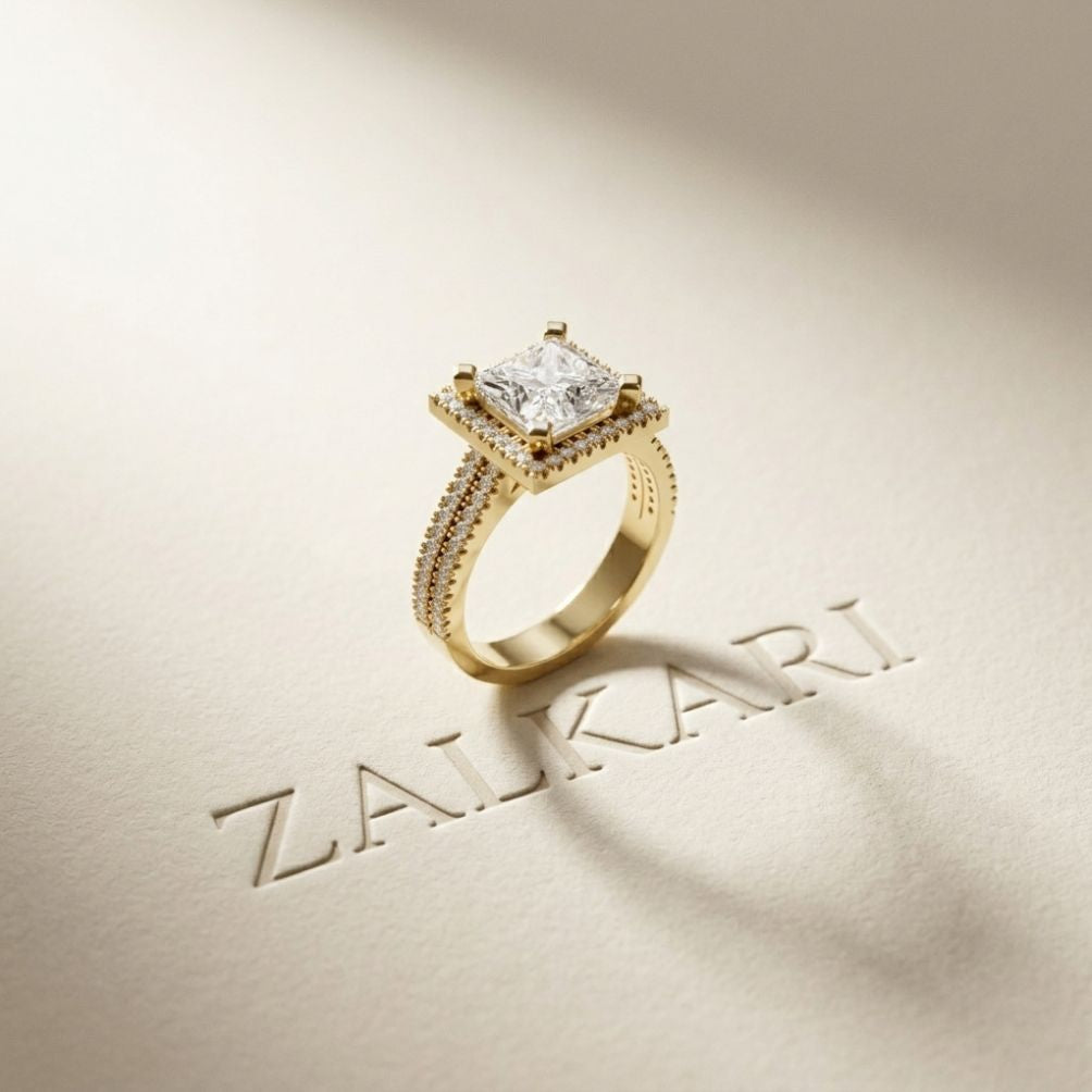 2.9 Ct Princess Cut Moissanite Double Pavé Halo Ring
