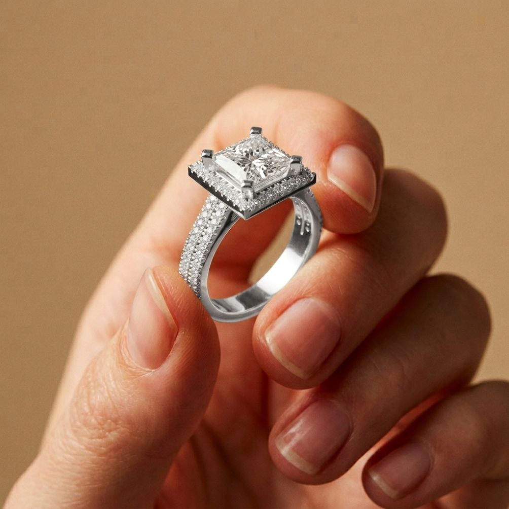 2.9 Ct Princess Cut Moissanite Double Pavé Halo Ring