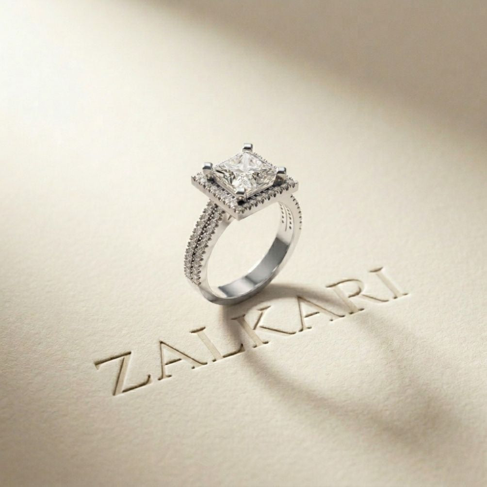 2.9 Ct Princess Cut Moissanite Double Pavé Halo Ring