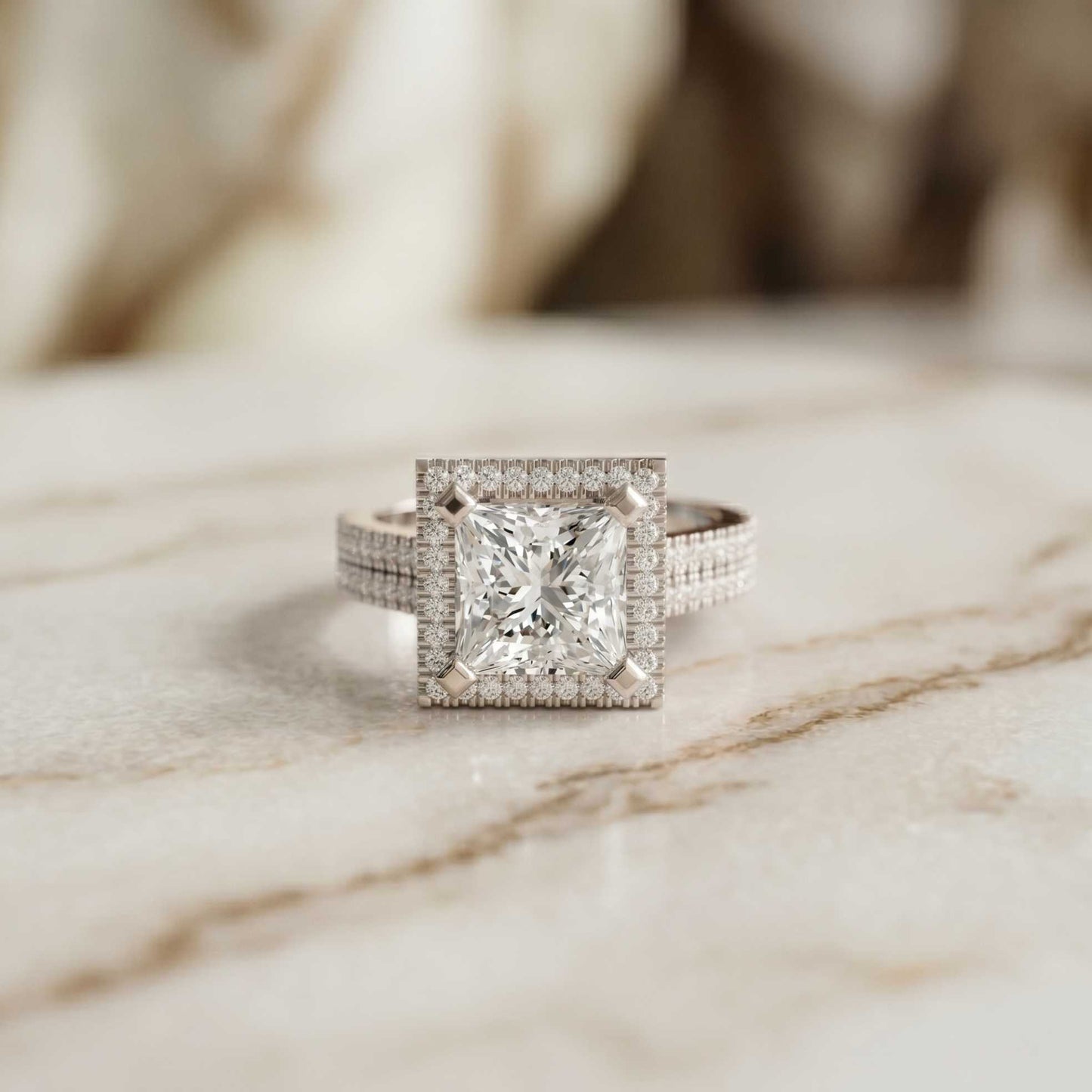 2.9 Ct Princess Cut Moissanite Double Pavé Halo Ring