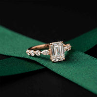 3.50 Ct Emerald Cut Moissanite Botanical Accent Ring Rose Gold
