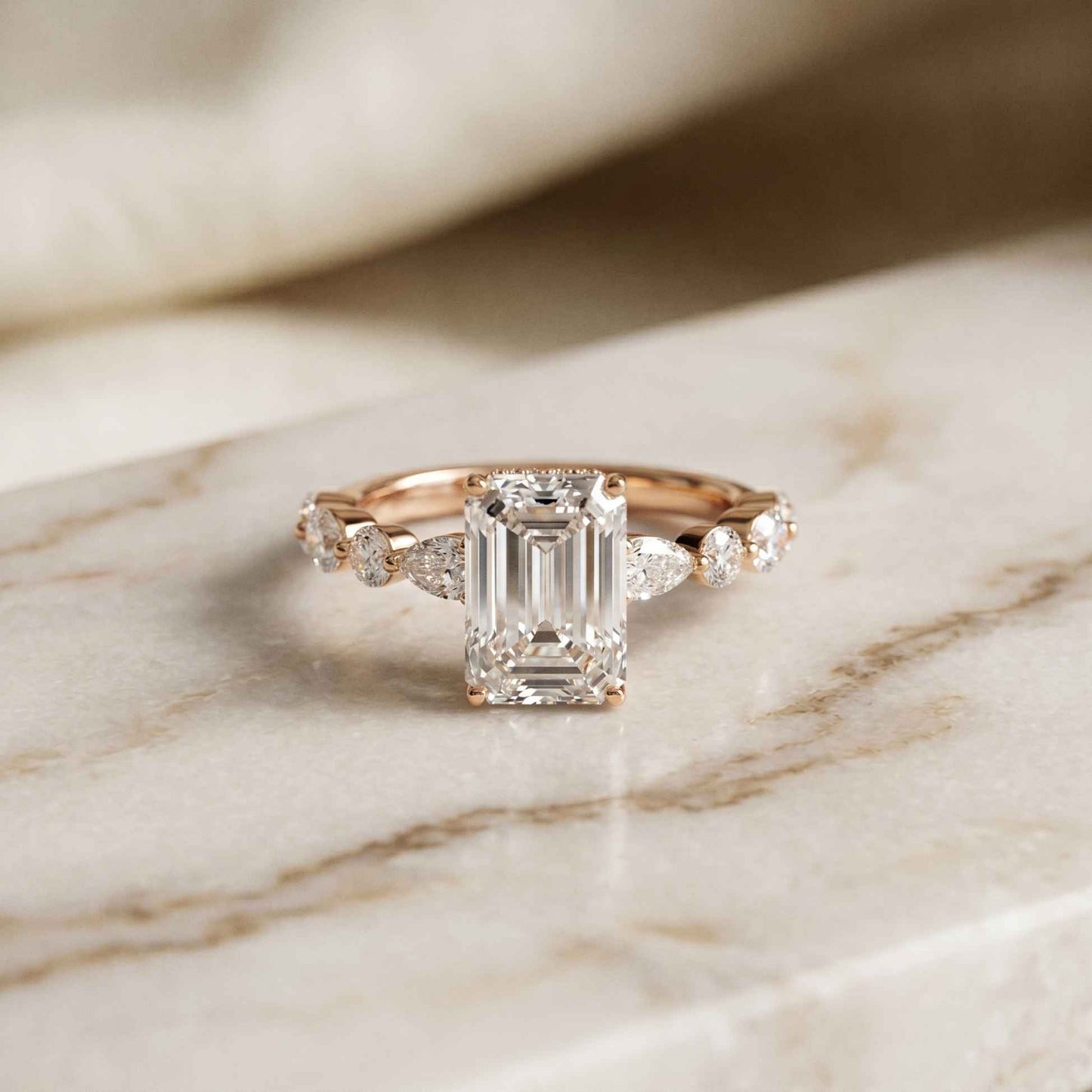 3.50 Ct Emerald Cut Moissanite Botanical Accent Ring