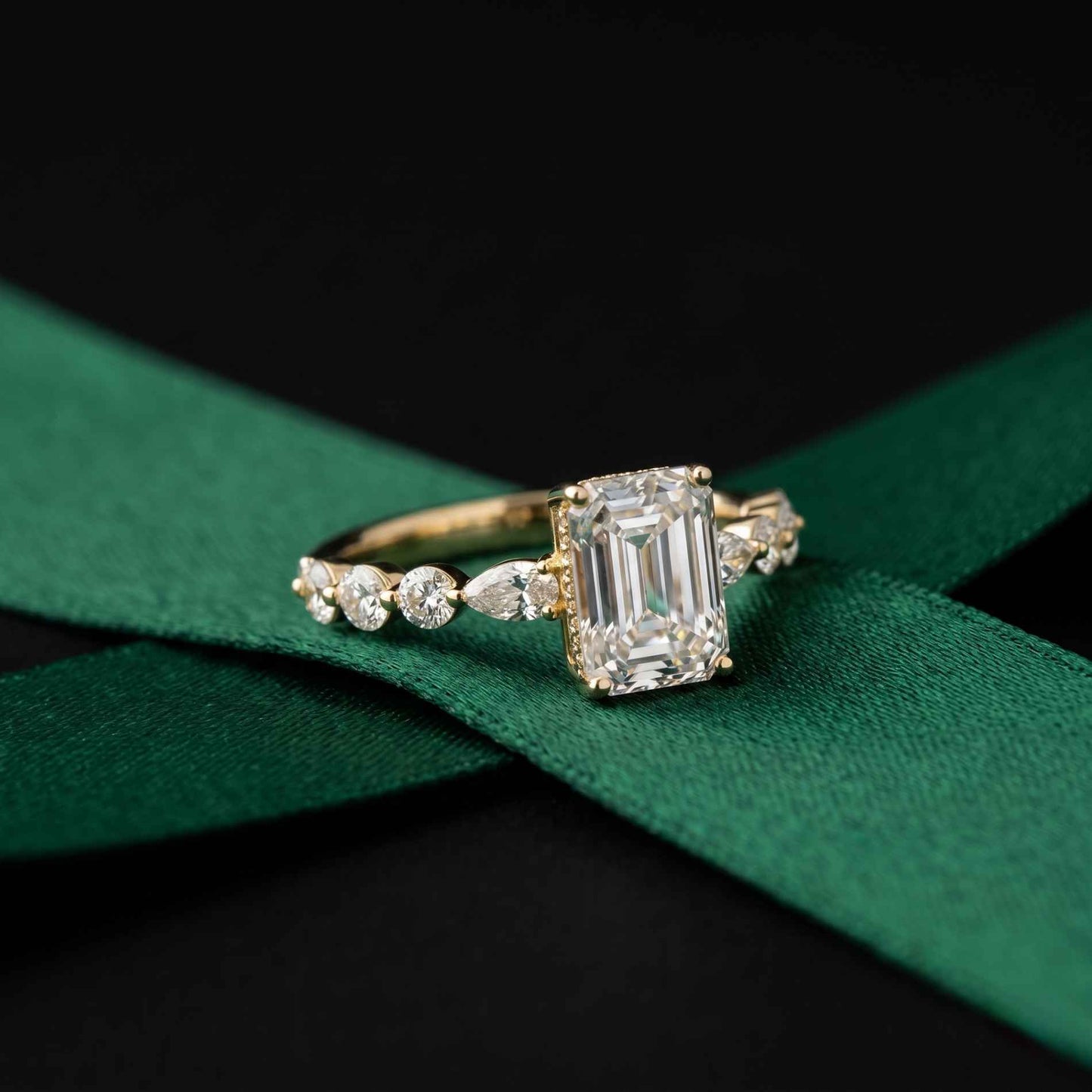 3.50 Ct Emerald Cut Moissanite Botanical Accent Ring