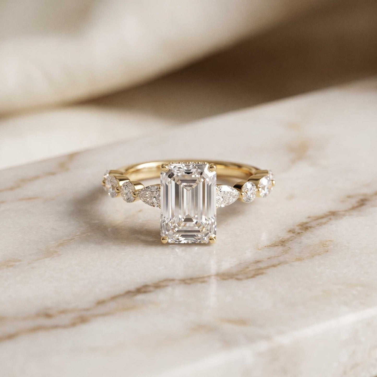 3.50 Ct Emerald Cut Moissanite Botanical Accent Ring