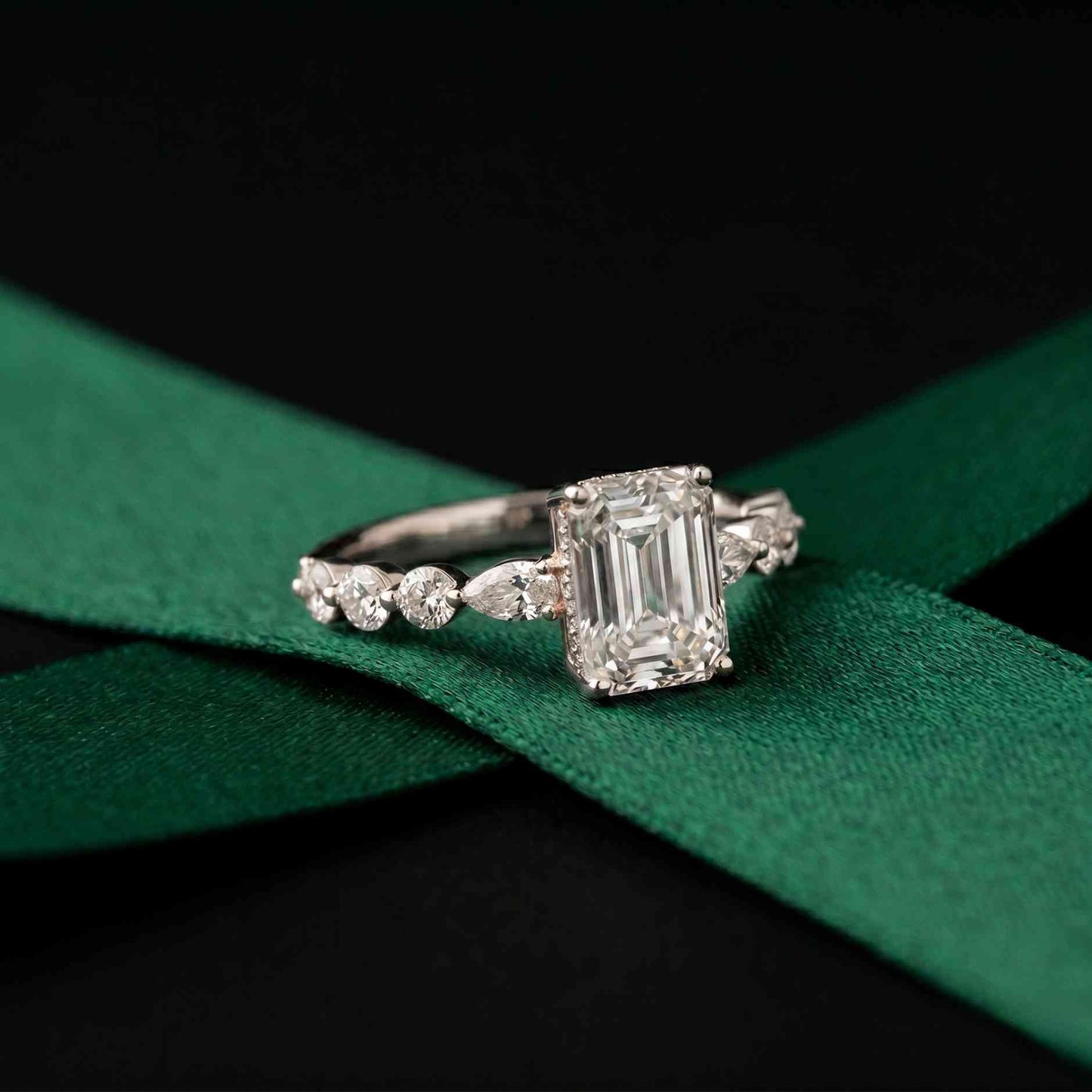 3.50 Ct Emerald Cut Moissanite Botanical Accent Ring