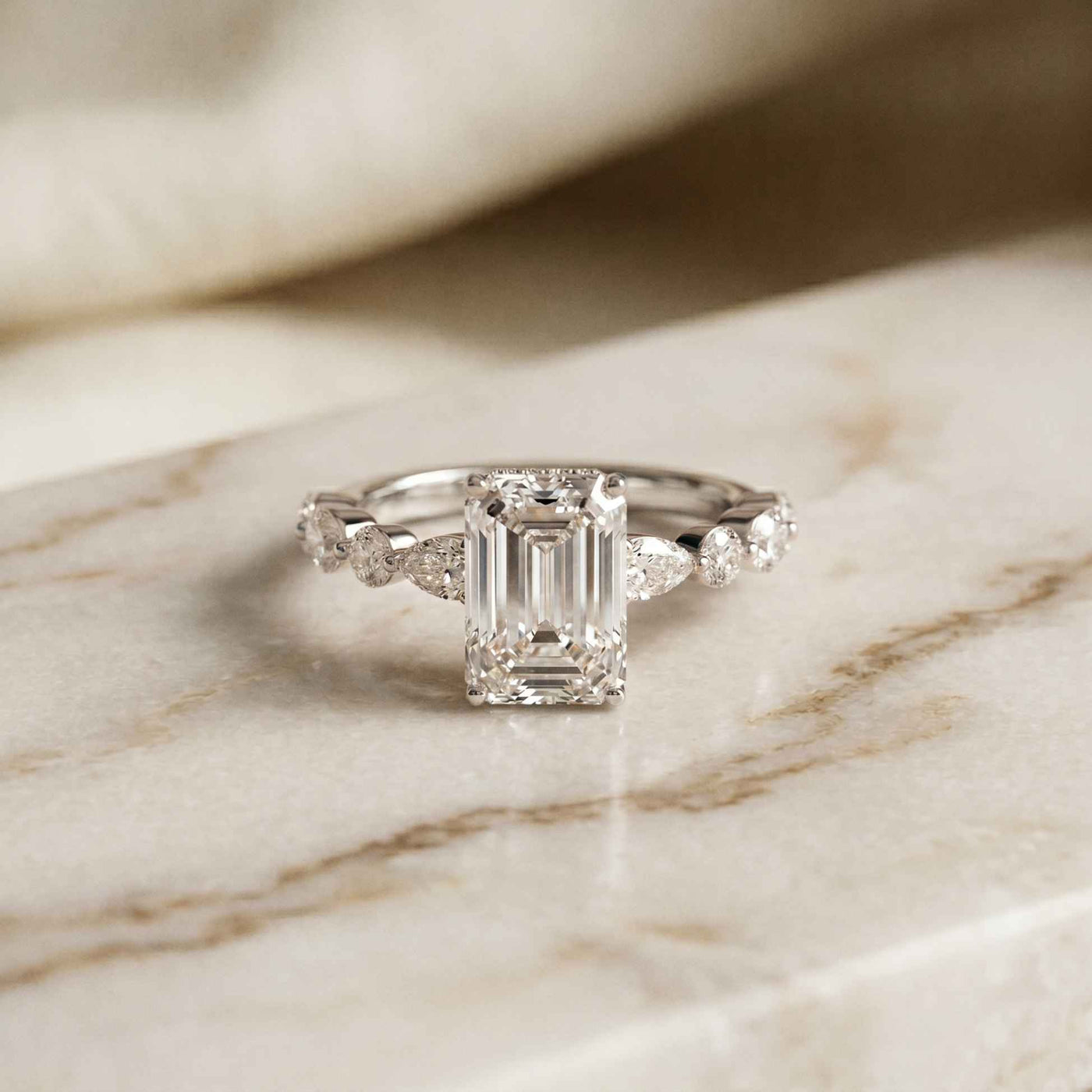 3.50 Ct Emerald Cut Moissanite Botanical Accent Ring White