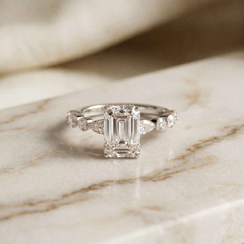 3.50 Ct Emerald Cut Moissanite Botanical Accent Ring White