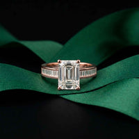 3.30 Ct Emerald Cut Baguette Gallery Moissanite Ring Rose Gold