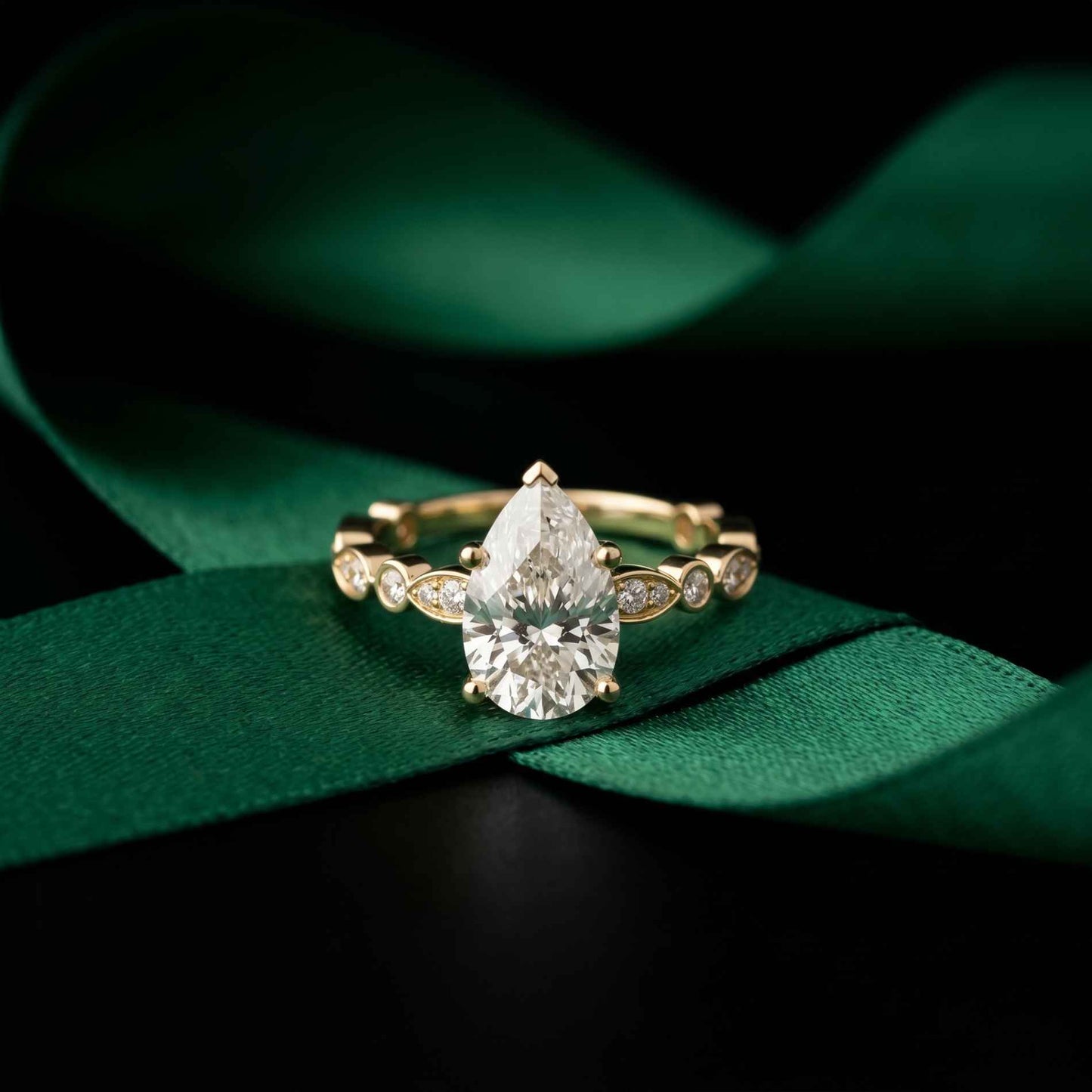 2.30 Ct Pear Cut Round Accent Gallery Moissanite Ring