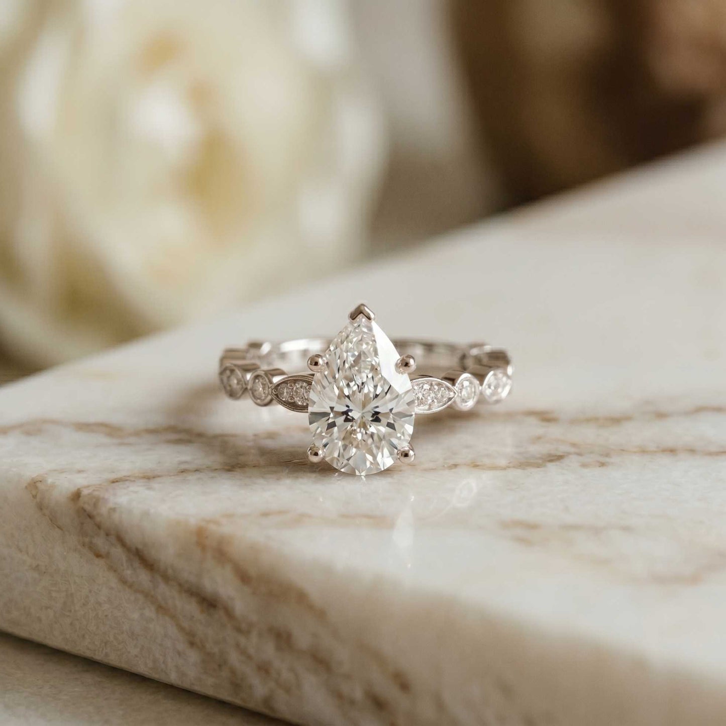 2.30 Ct Pear Cut Round Accent Gallery Moissanite Ring