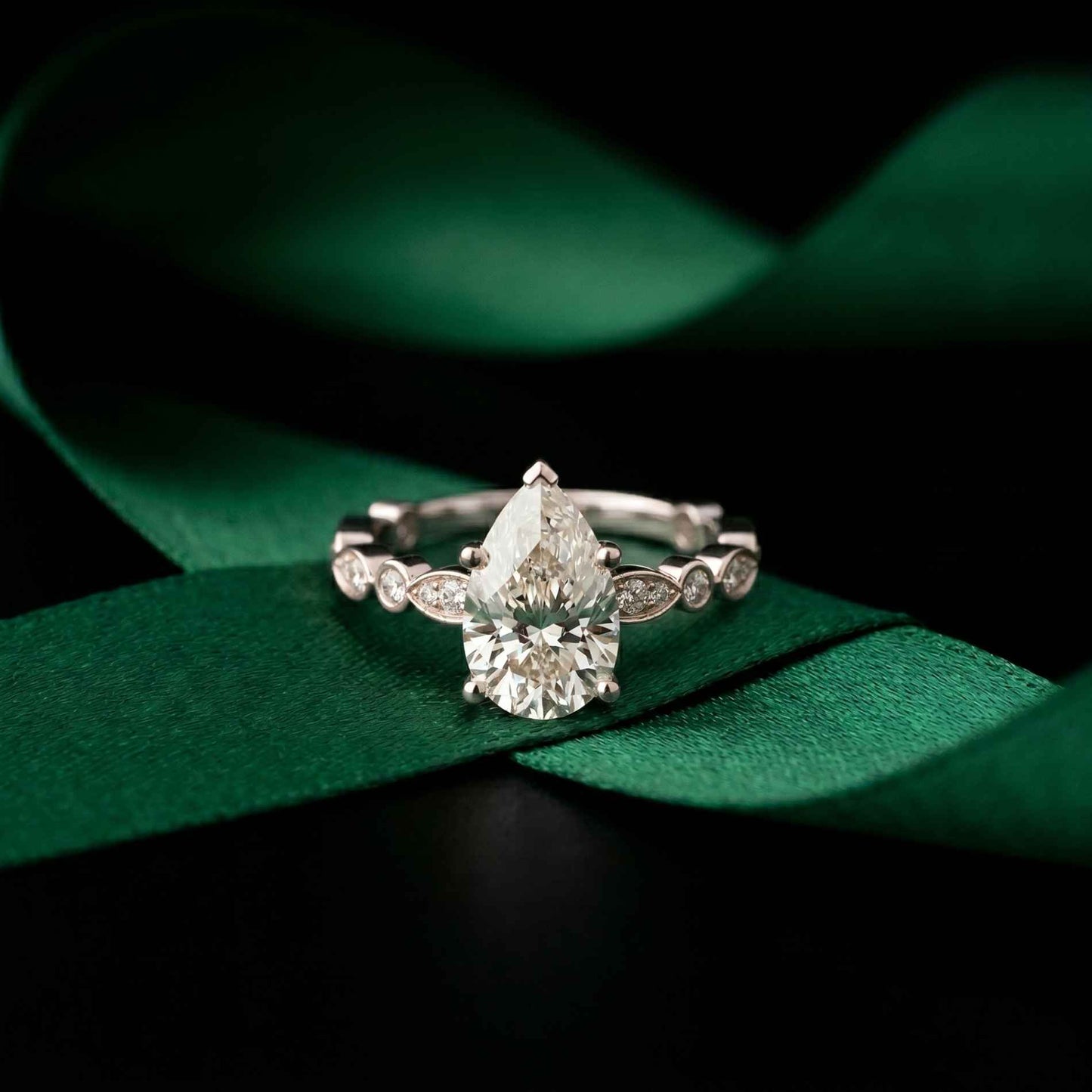 2.30 Ct Pear Cut Round Accent Gallery Moissanite Ring