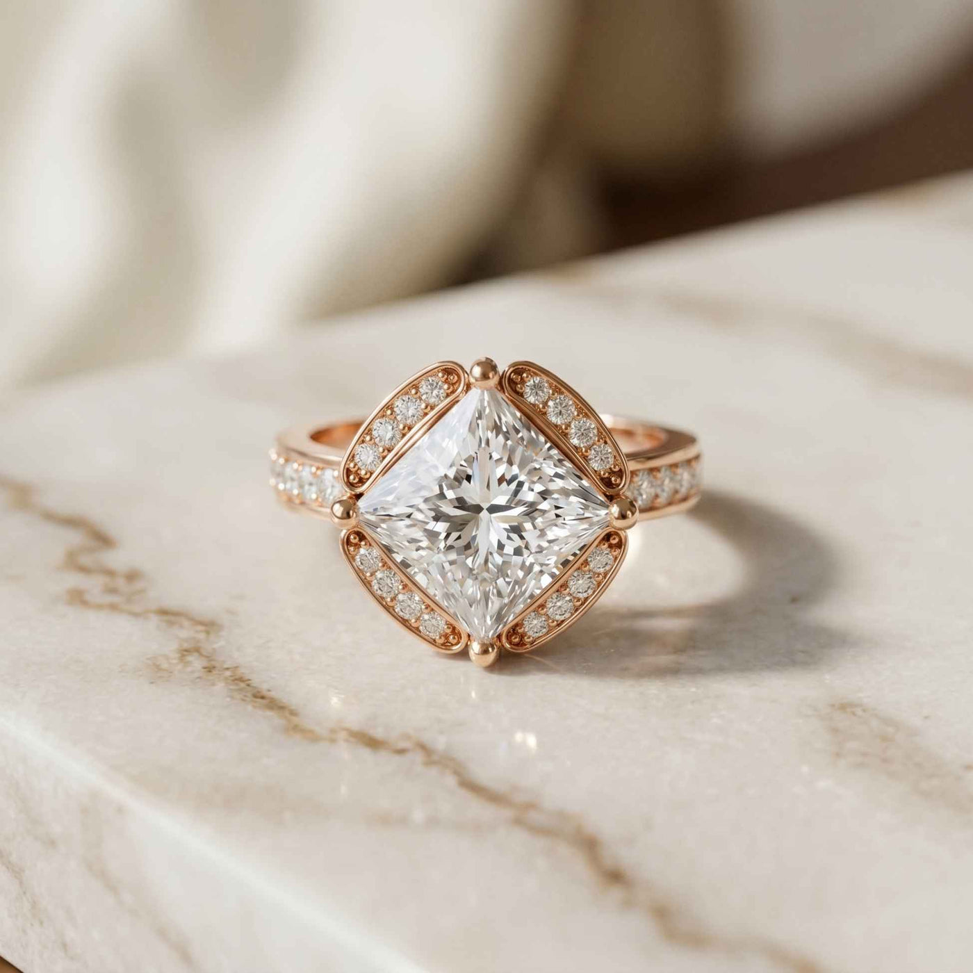 2.40 Ct Princess Cut Hidden Bridge Pavé Moissanite Ring Rose Gold