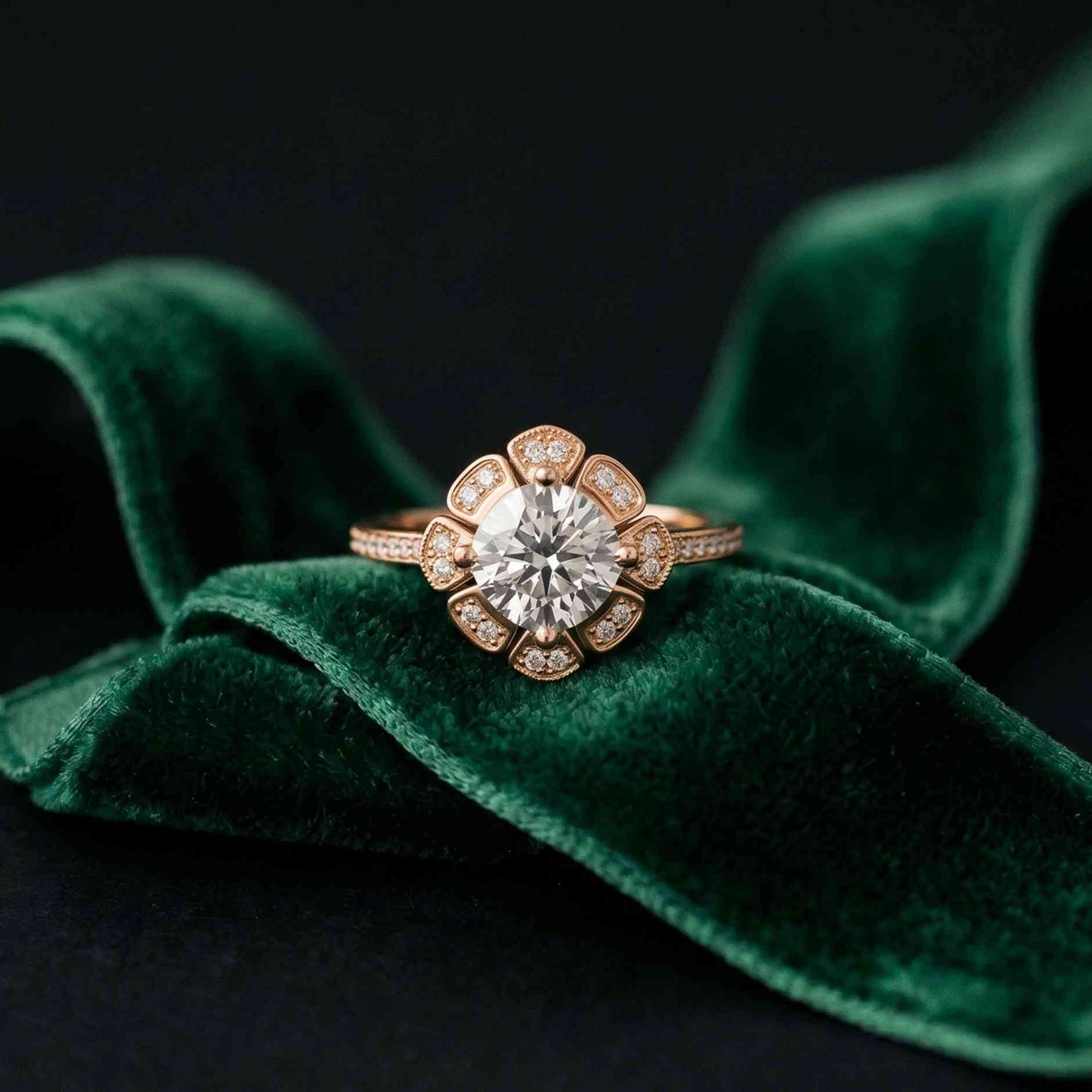 1.70 Ct Round Cut Floral Halo Pavé Moissanite Ring