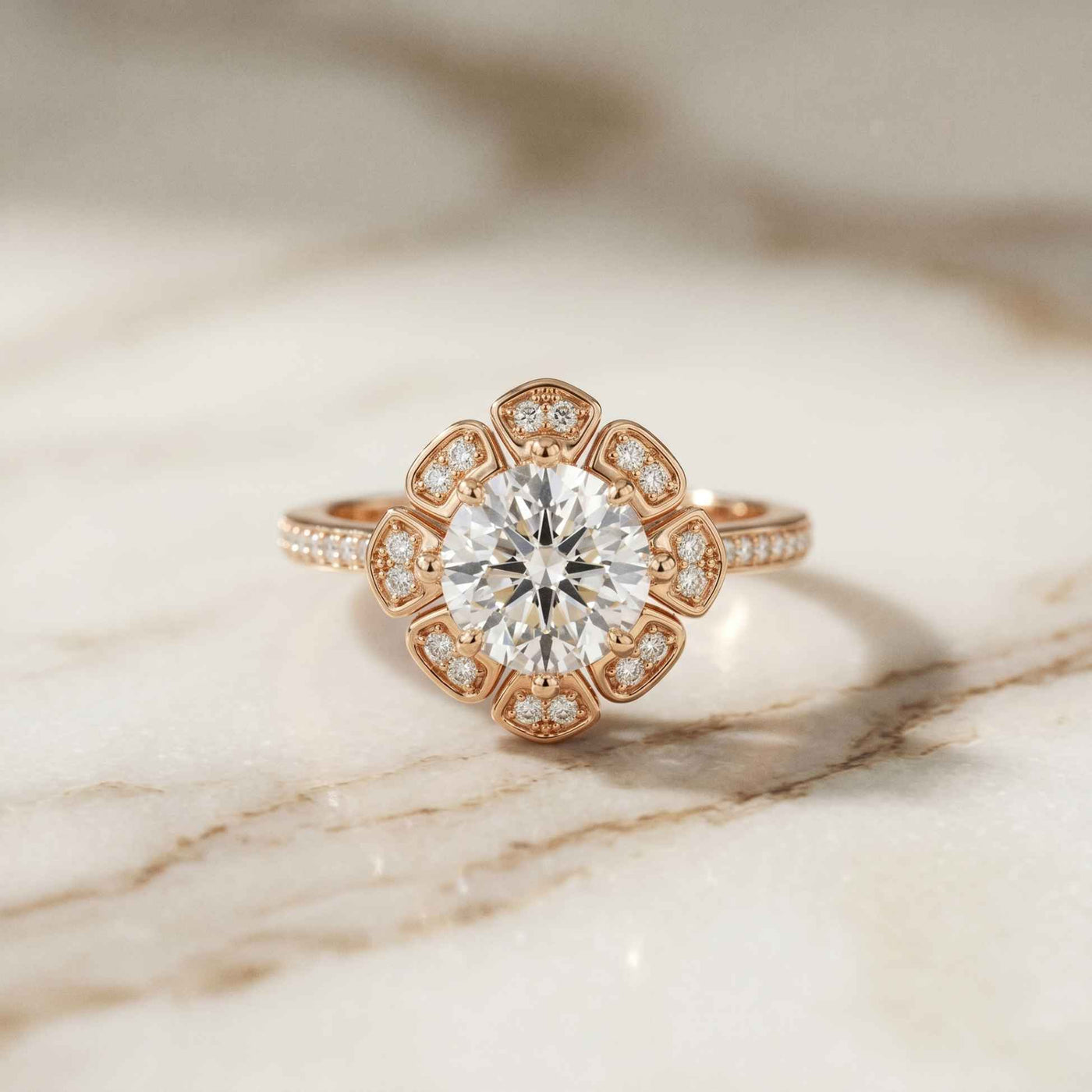 1.70 Ct Round Cut Floral Halo Pavé Moissanite Ring Rose Gold