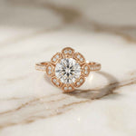 1.70 Ct Round Cut Floral Halo Pavé Moissanite Ring Rose Gold
