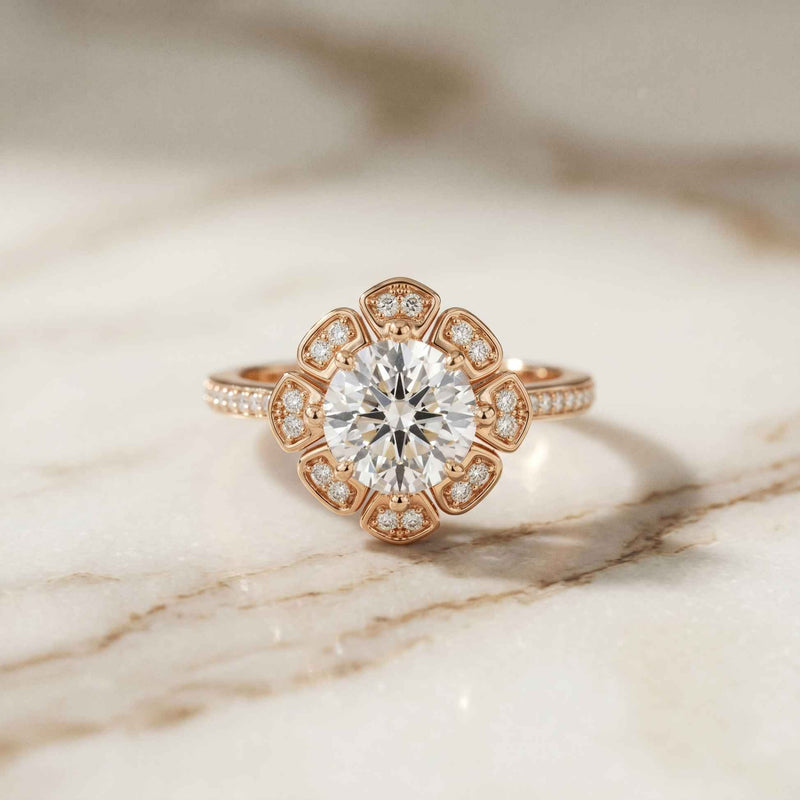 1.70 Ct Round Cut Floral Halo Pavé Moissanite Ring Rose Gold