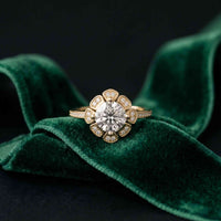 1.70 Ct Round Cut Floral Halo Pavé Moissanite Ring Gold