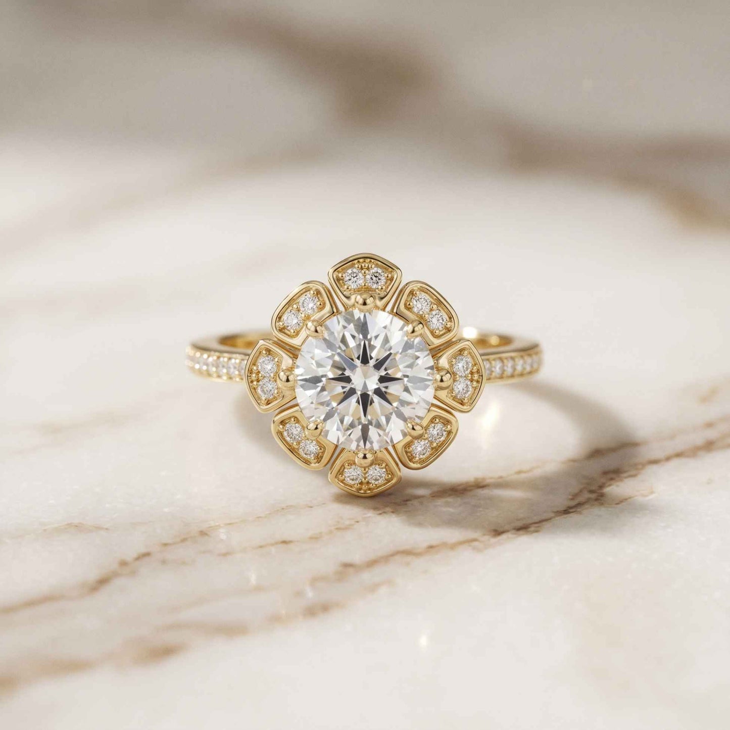 1.70 Ct Round Cut Floral Halo Pavé Moissanite Ring