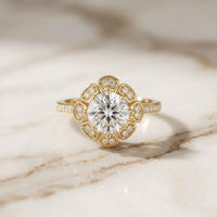 1.70 Ct Round Cut Floral Halo Pavé Moissanite Ring Gold