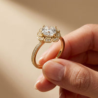 1.70 Ct Round Cut Floral Halo Pavé Moissanite Ring Gold