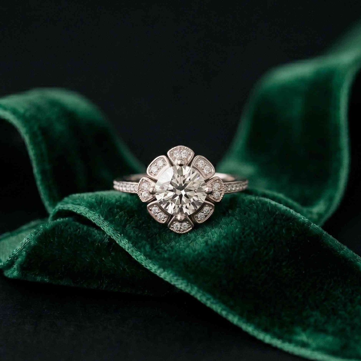 1.70 Ct Round Cut Floral Halo Pavé Moissanite Ring