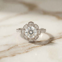1.70 Ct Round Cut Floral Halo Pavé Moissanite Ring White