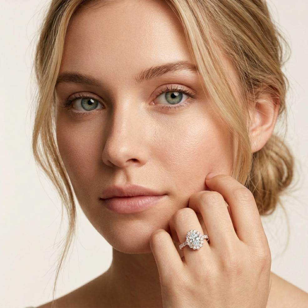 3.00 Ct Oval Cut Floral Cluster Halo Moissanite Ring Rose Gold