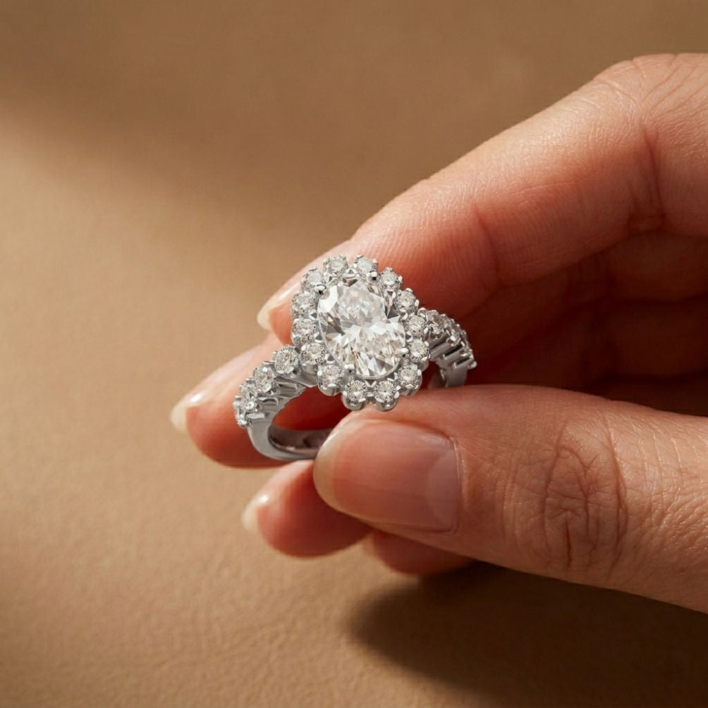 3.00 Ct Oval Cut Floral Cluster Halo Moissanite Ring White