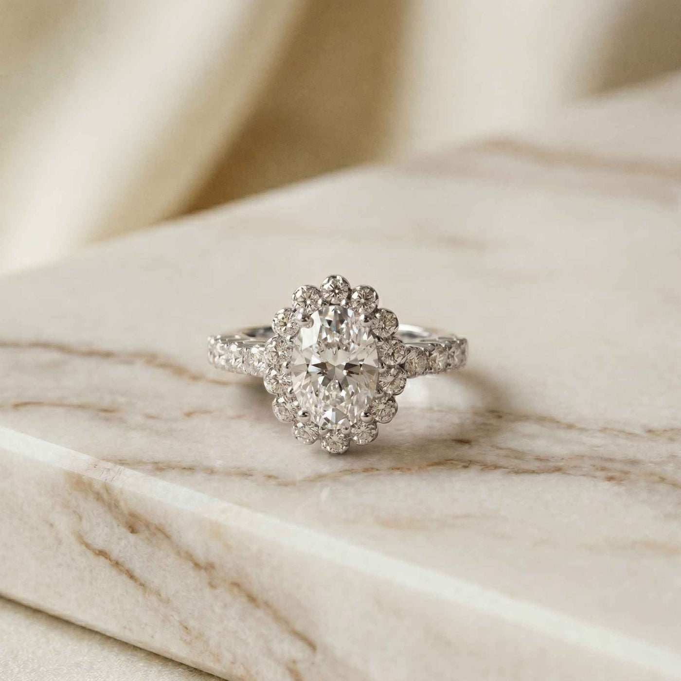 3.00 Ct Oval Cut Floral Cluster Halo Moissanite Ring White