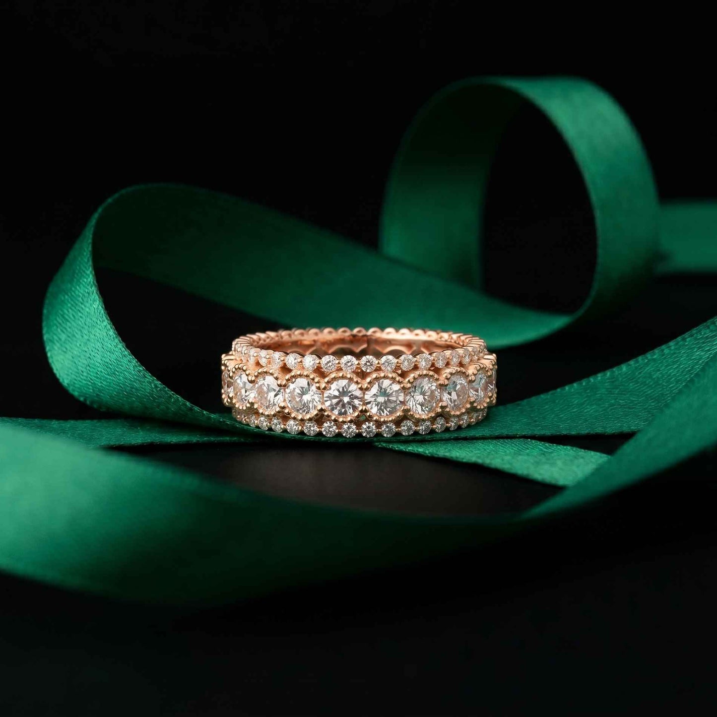 3.20 Ct Round Cut Moissanite Three-Row Band Ring Rose Gold