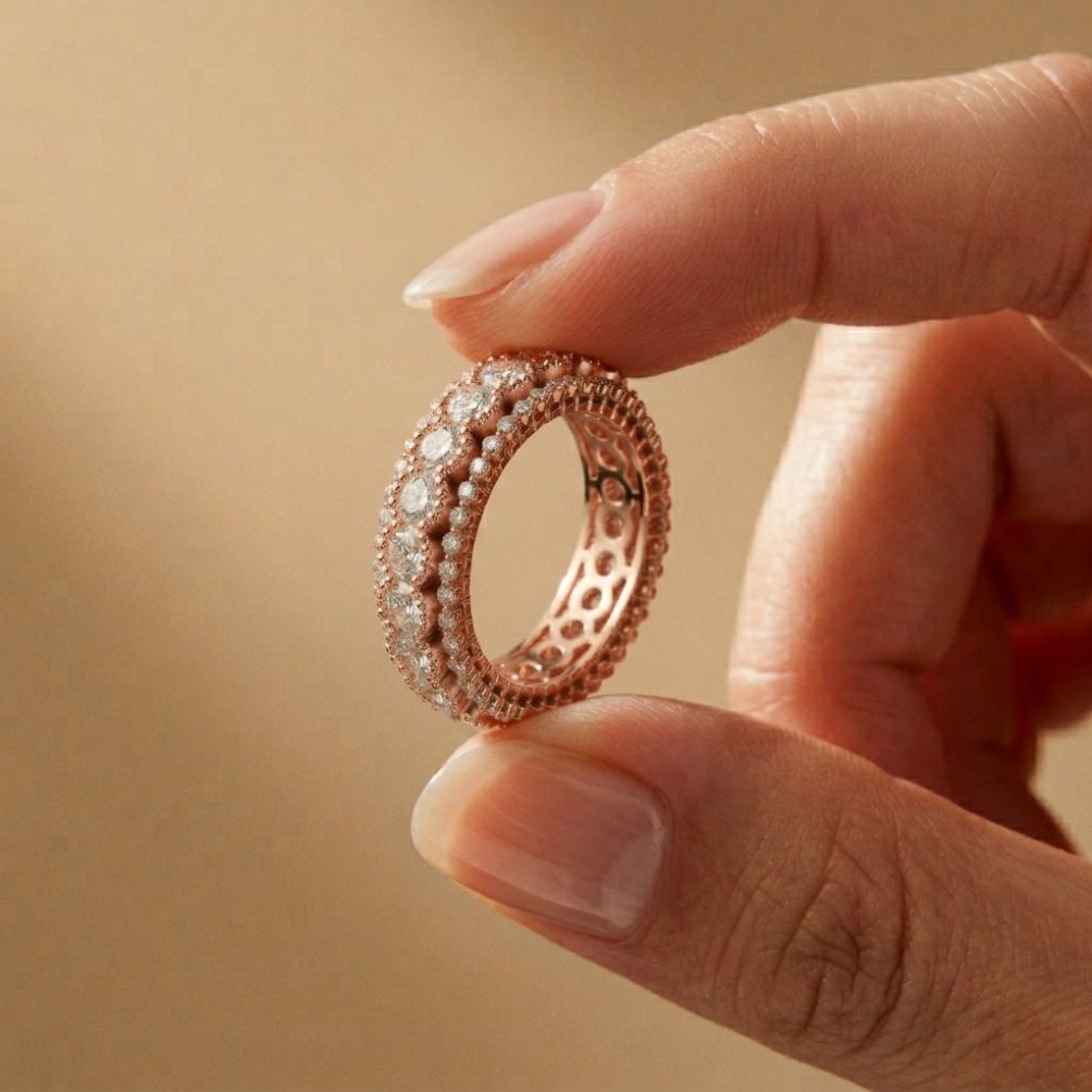 3.20 Ct Round Cut Moissanite Three-Row Band Ring Rose Gold