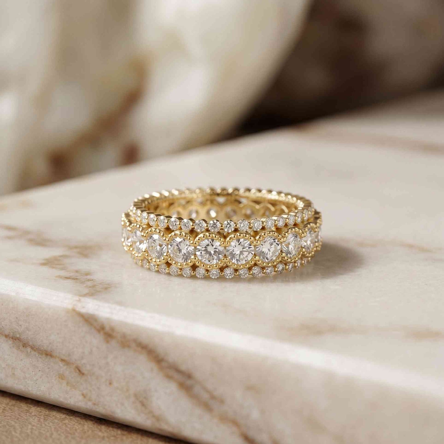 3.20 Ct Round Cut Moissanite Three-Row Band Ring Gold